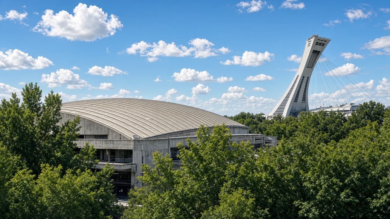 The arched concrete roof of Montreal's Biodome, with the inclined Olympic Stadium tower behind it