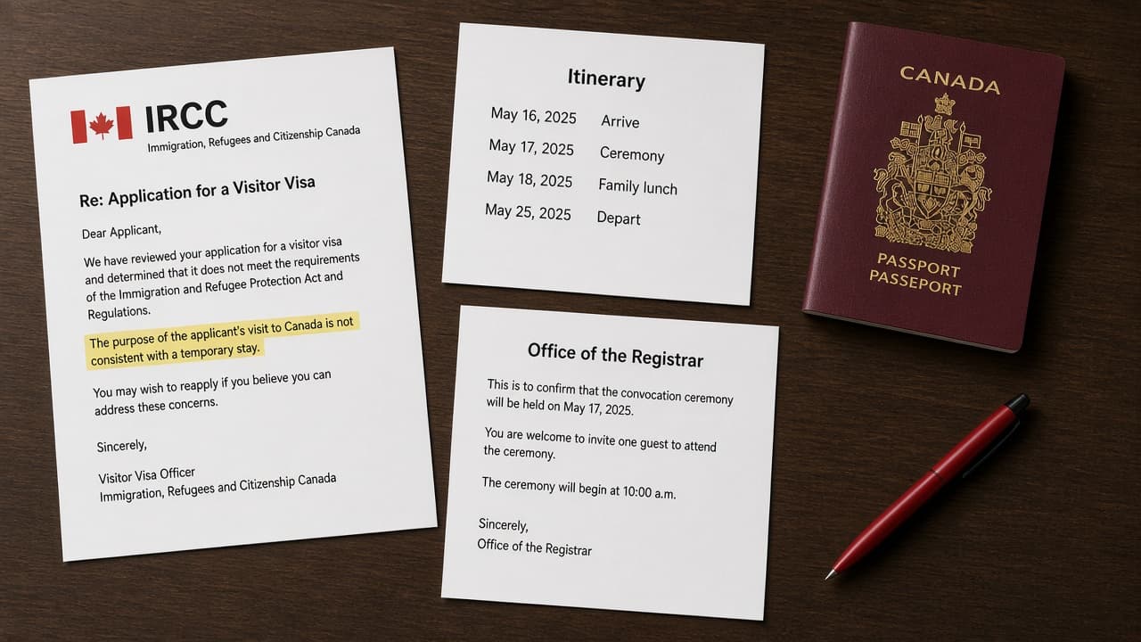 A visitor visa refusal letter with the temporary-stay sentence highlighted, beside a four-line itinerary and an Office of the Registrar convocation letter, with a burgundy passport and a red pen
