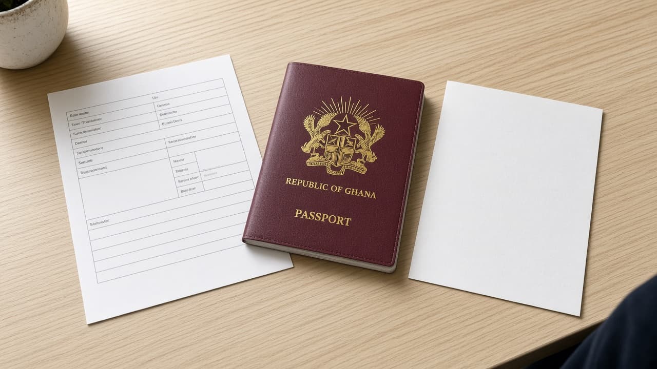 A new Canada visitor visa application beside a Ghanaian passport, with the previous refusal letter face down.