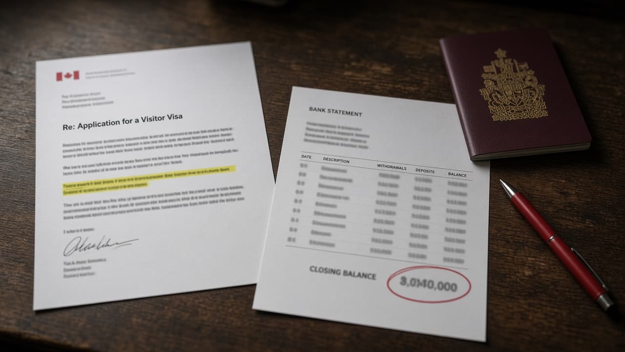 A visitor visa refusal letter with one sentence highlighted, beside a bank statement whose closing balance is circled in red, a burgundy passport, and a red pen