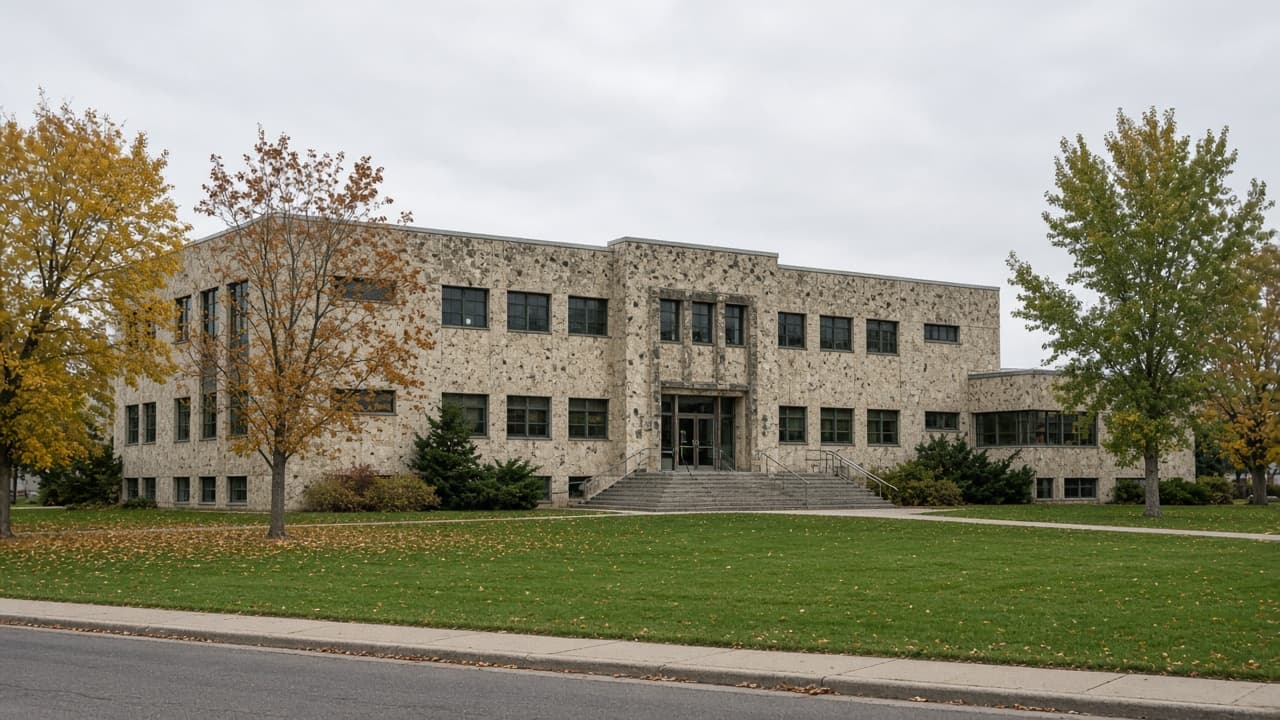 A mottled limestone museum with a central stair, set back from the street behind a lawn
