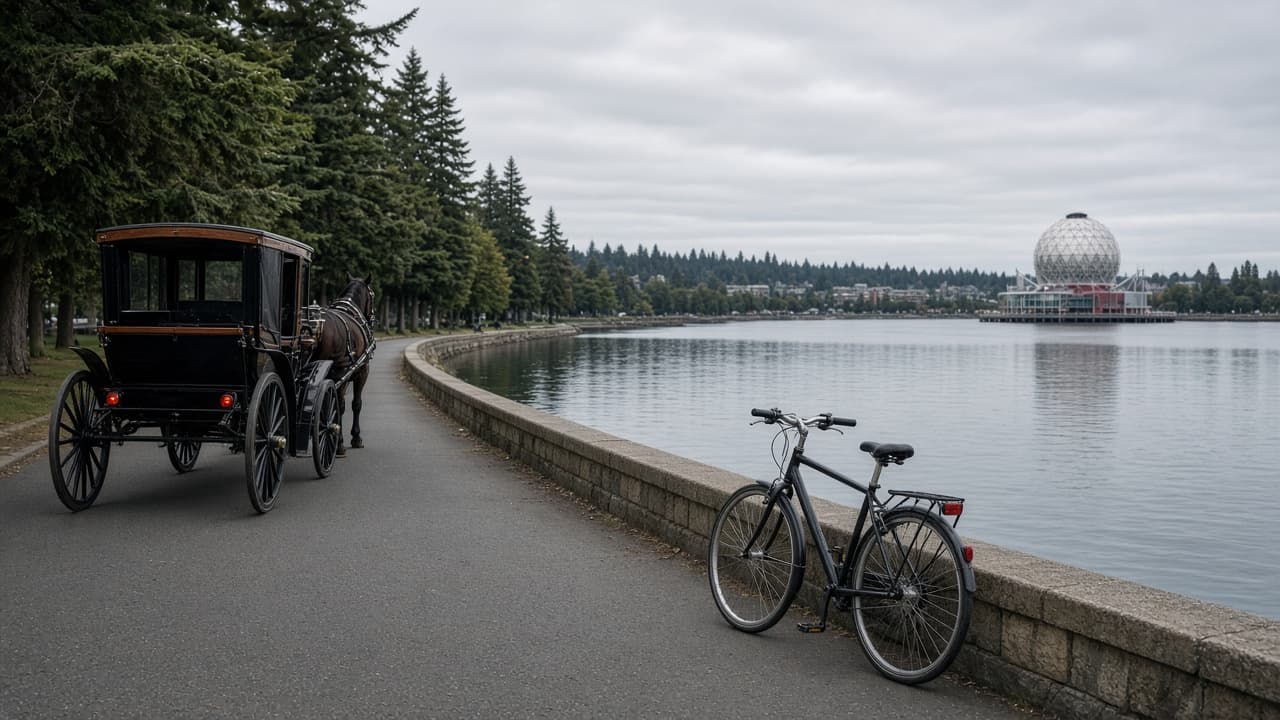 A horse-drawn carriage and a rental bicycle on the Stanley Park seawall, with a geodesic dome across the harbour