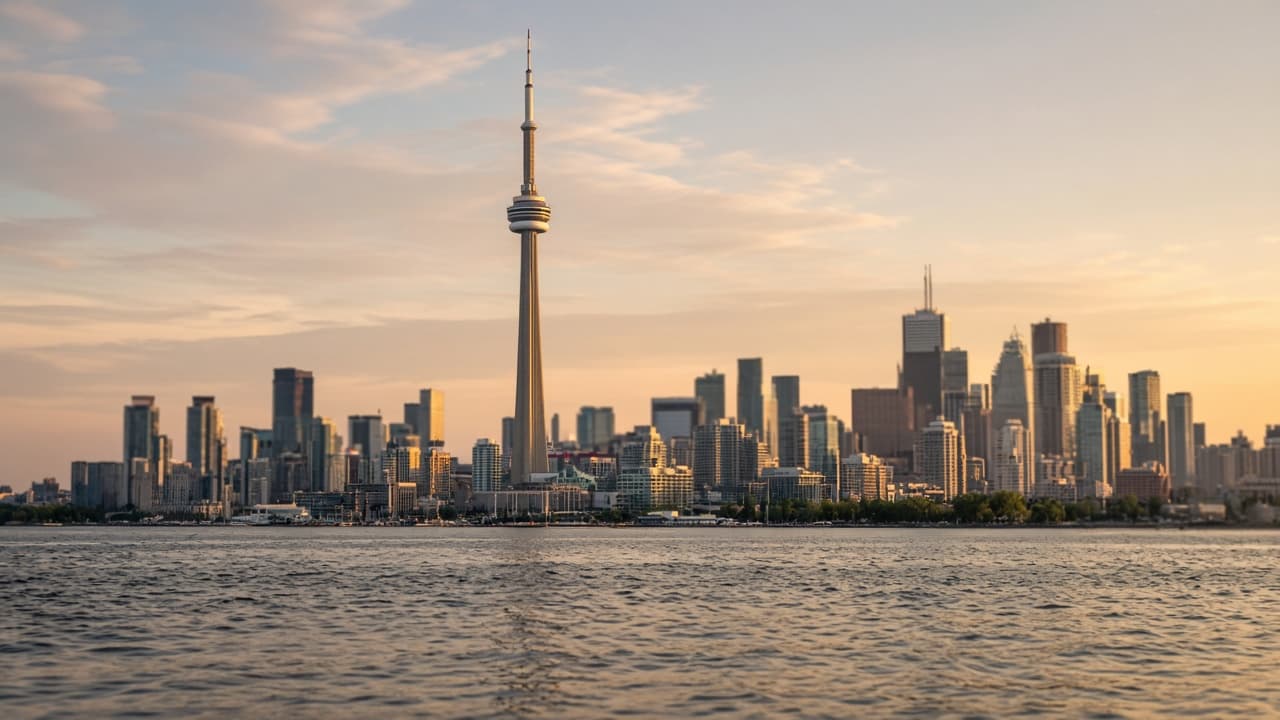 The CN Tower above the Toronto skyline, seen across the lake at dusk