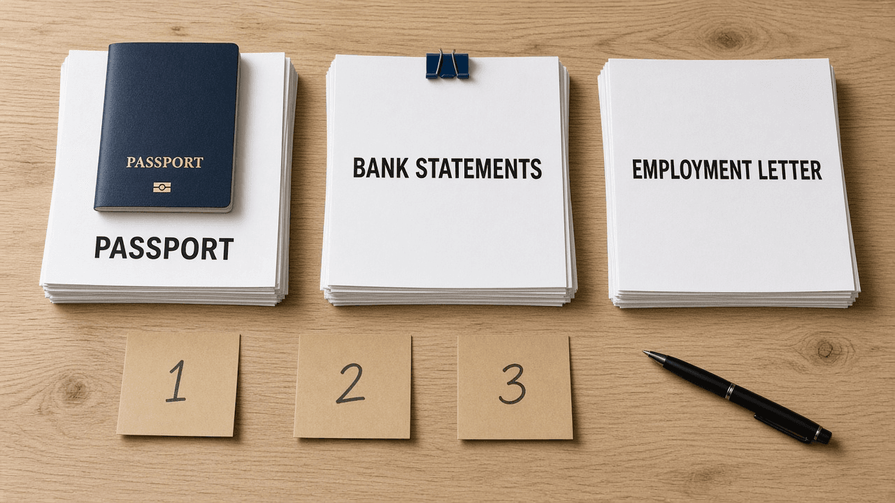 Three stacks labeled passport, bank statements, and employment letter, with sticky notes numbered 1, 2, and 3
