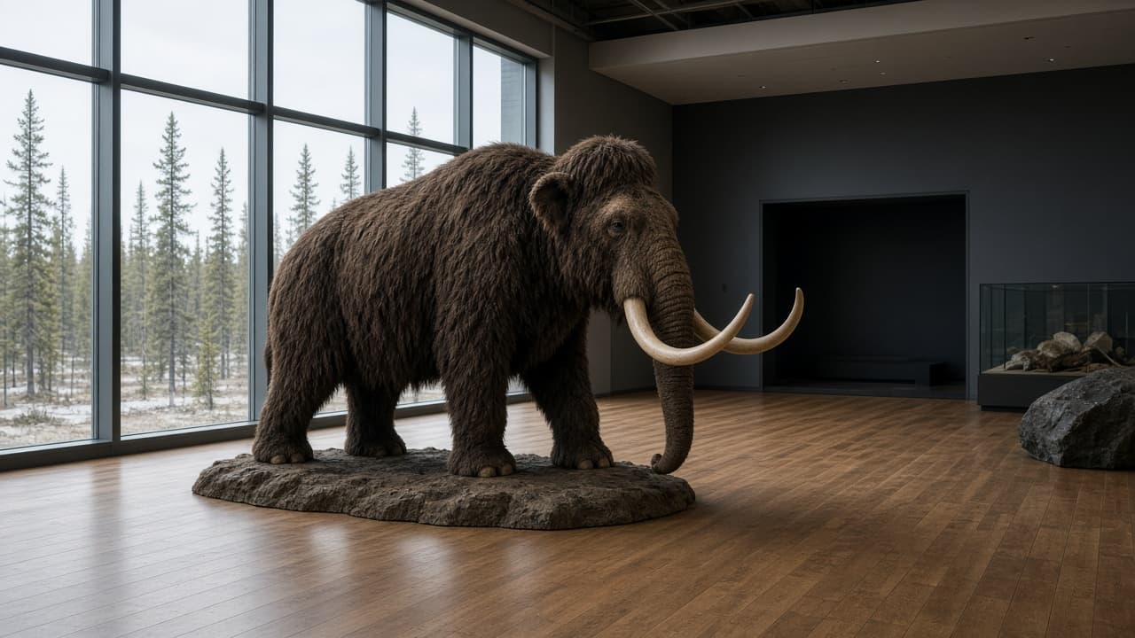 A woolly mammoth model in a hall with boreal forest outside the windows
