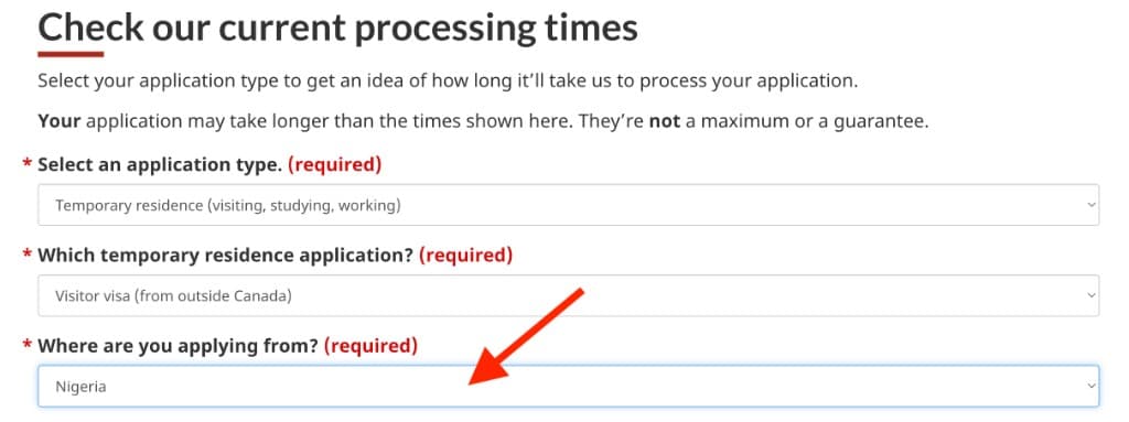 IRCC processing times — Where are you applying from dropdown showing Nigeria selected before clicking Get processing time