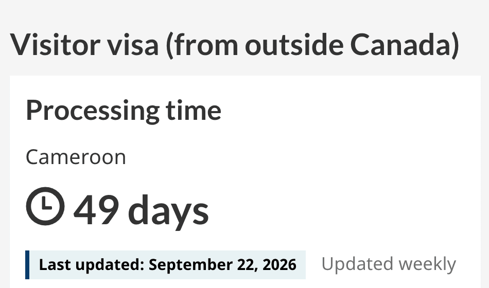 IRCC processing-time tool showing 49 days for a visitor visa from outside Canada, country Cameroon, last updated September 22, 2026